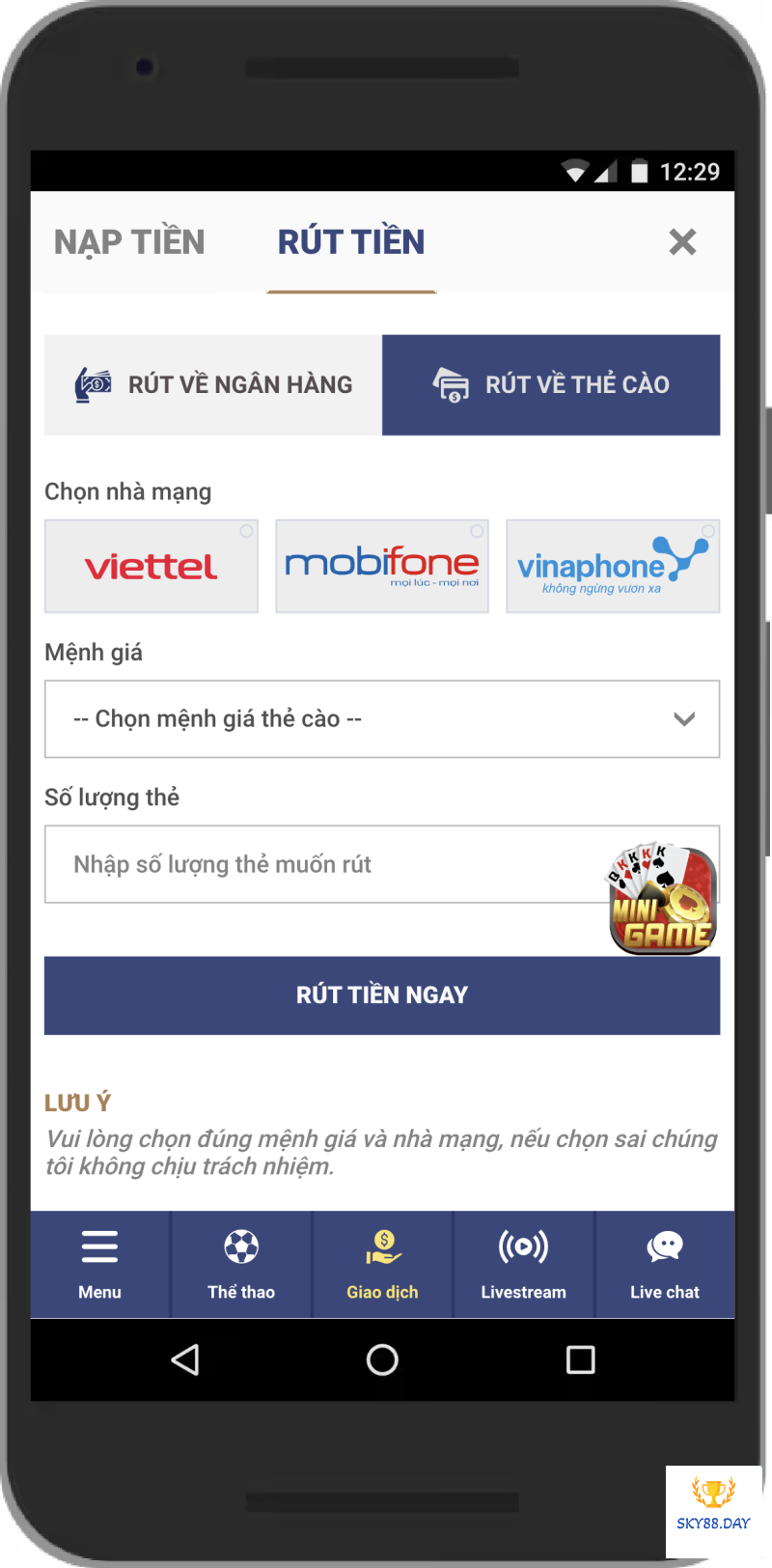 Cách rút tiền Sky88 từ thẻ cào