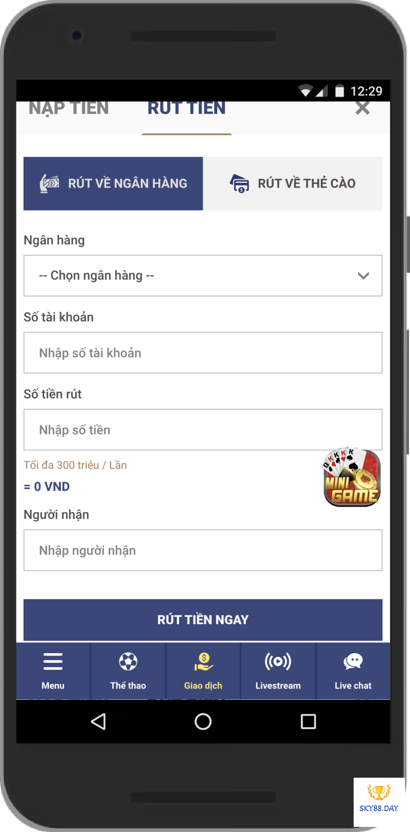 Rút tiền Sky88 từ tài khoản ngân hàng